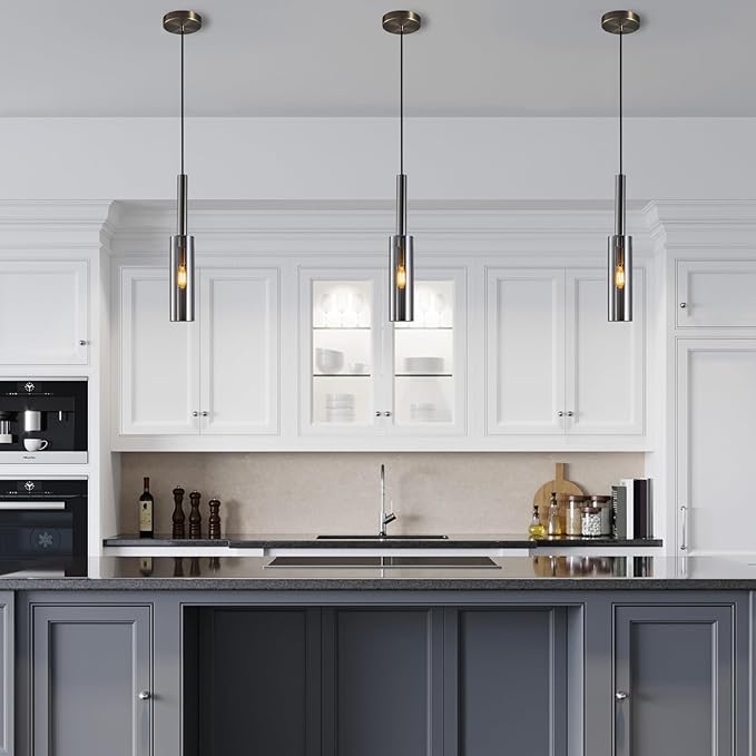 Crystal Pendant Light, Modern Kitchen Light Fixtures Mini Pendant Lights Industrial Pendant Lighting for Kitchen Island Dining Room Bedroom Entryway, Smoky Gray(3 Pack)