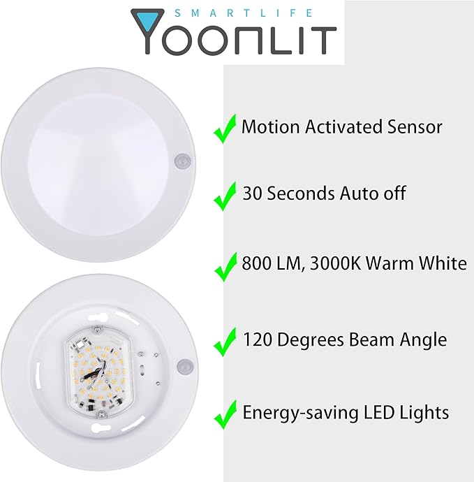 YoonLIT Flush Mount PIR Motion Sensor LED Ceiling Light, 6.2 Inch 10.5W 800 Lumen, Motion Activated Ceiling Fixture for Closet, Garage, Doorway, Stairway, Hallway, White Finish 3000K 2-Pack