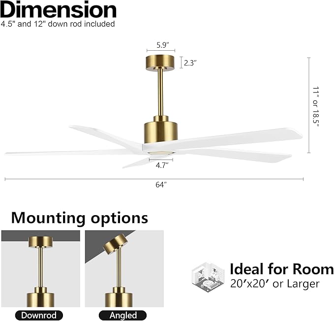 WINGBO 64 Inch DC Ceiling Fan without Lights, 5 Reversible Carved Solid Wood Blades, 6-Speed Noiseless DC Motor, Ceiling Fan No Light with Remote, Brass Finish with White Blades, ETL Listed