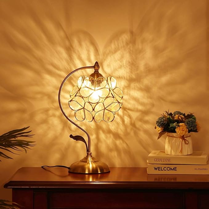 Bieye L10734 Tiffany Style Stained Glass Flower Petal Table Lamp with Brass Base for Home Décor (Clear, 8" Cherry Blossom)