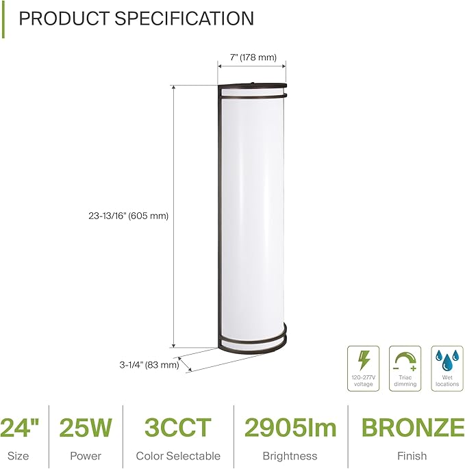 ASD 24 Inch LED Outdoor & Indoor Wall Mount Light Fixture - Oil Rubbed Bronze Modern Wall Sconce Lighting - 25W 120-277V 3000K 4000K 5000K Dimmable Front Door & Patio Exterior Lights - ETL, 2 Pack