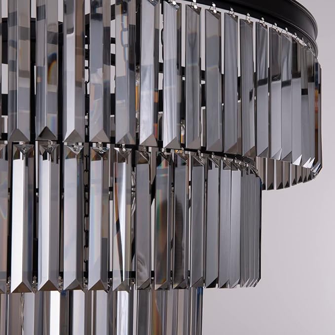 TOCHIC Black Crystal Chandelier for Living Room, 31.5 inch 5-Tiers Modern K9 Smoke Grey Chandeliers Light Fixture for Dining Room, Round Raindrop Large Chandelier for High Ceiling, Staircase, Foyer