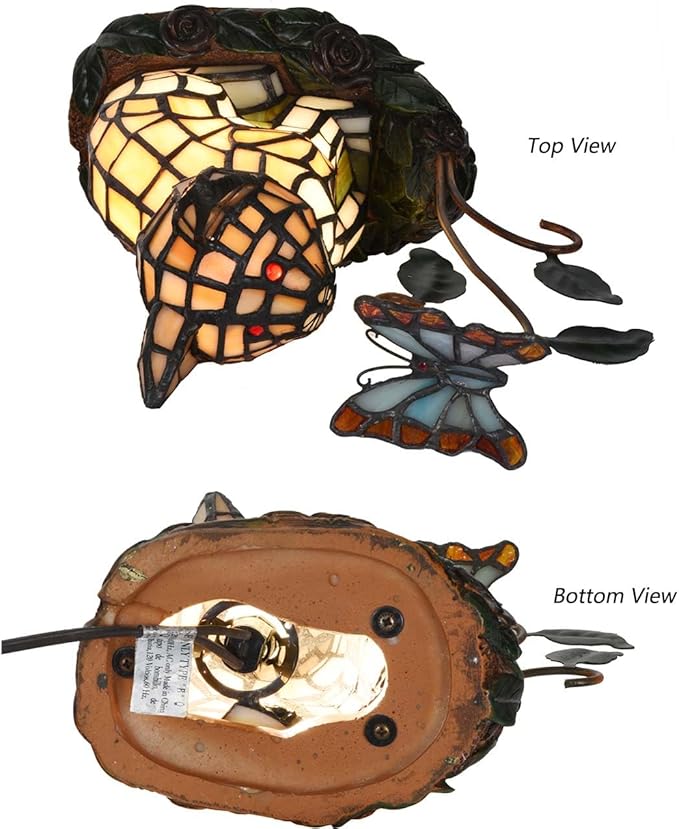 Bieye L10891 Tiffany-Style Stained Glass Cat Accent Table Lamp - Adorable Orange Cat Watching a Butterfly - 10-Inch Tall