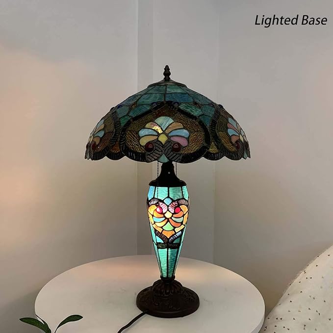Bieye L10801 Baroque Tiffany Style Stained Glass Table Lamp, Lighted Base 24 inches Tall, Blue