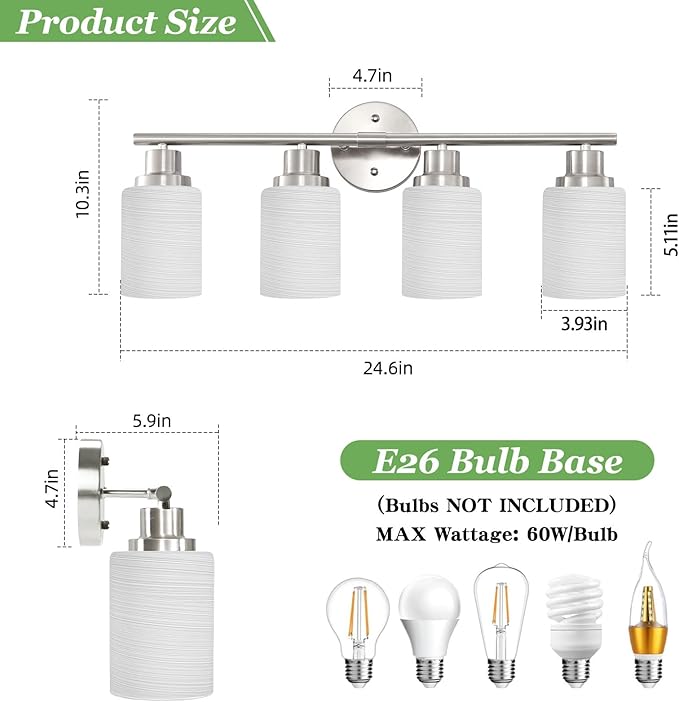 4-Light Brushed Nickel Vanity Lights for Mirror, Bathroom Light Fixtures with Textured Milky White Glass Shade, Modern Kitchen Light Fixtures Wall Sconce Light - E26 Base