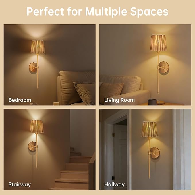 Wall Sconces Set of 2, Wood Grain Fabric Shade Wall Lights with Touch & Remote Control, Plug-in Dimmable Wall Lamps, 3 Color Temps for Bedroom, Living Room, Hallway