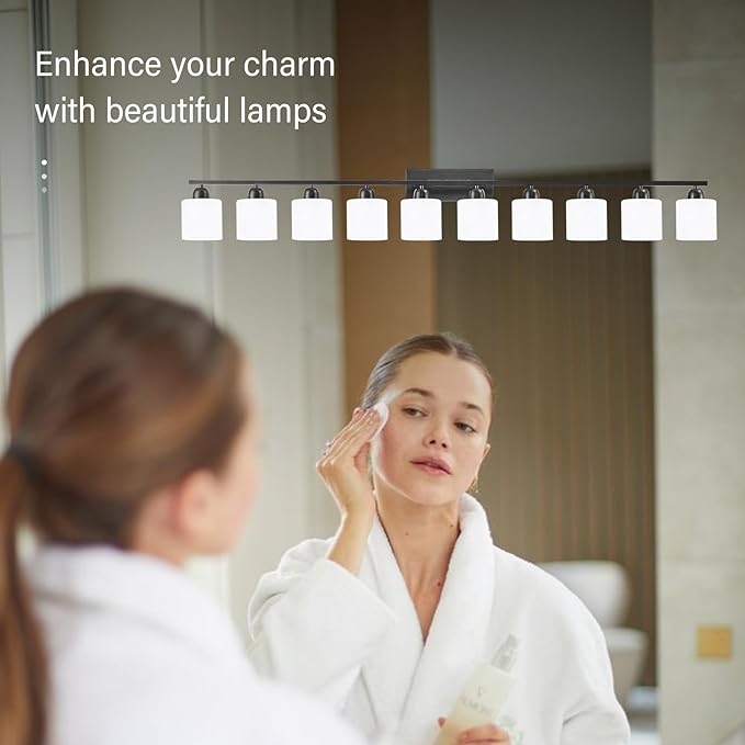 10 Light Black Vanity Lights for Giant Mirror, Bathroom Vanity Lights Over Mirror with Milky White Frosted Glass Shades,65 inch Bathroom Light Fixture for Mirrors, E26