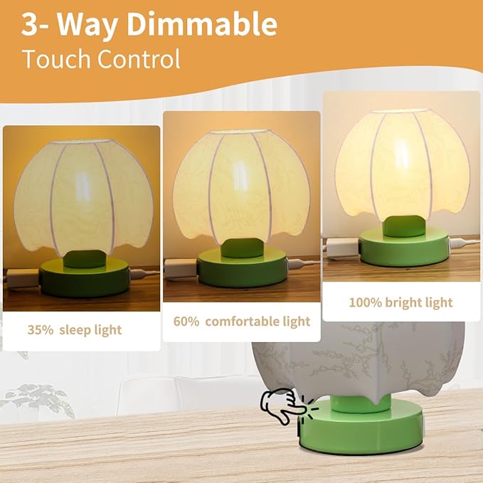 Mushroom Table Lamp 3 Way Touch Dimmable with USB Charging Ports A/C and Outlet Mushroom Night Light, Vintage Nightstand Lamp, Farmhouse Bedside Lamps for Living Room