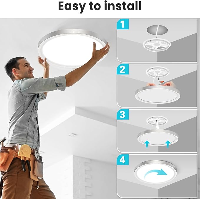 libtit 7 Inch Nickel Brushed Flush Mount Ceiling Light, 15W Ceiling Light Fixture,3000K/4000K/6500K Color Selectable,Ultra-Thin Round Ceiling Lighting Fixture for Bedroom Kitchen Pantry, 12 Pack