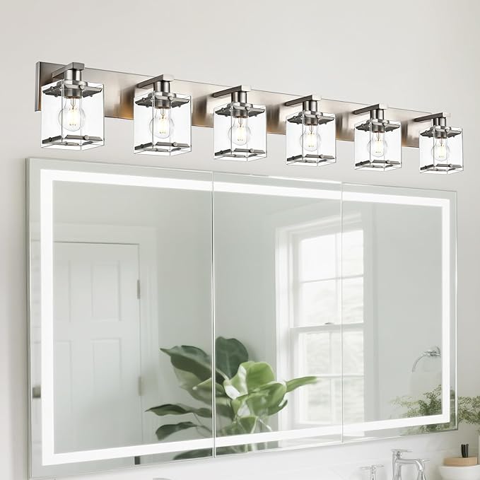 6-Lights Brushed Nickel Bathroom Light Fixture Over Mirror, Modern Wall Sconce with Clear Glass Shades, E26 Bulb Base Vanity Lighting for Over Mirror Kitchen
