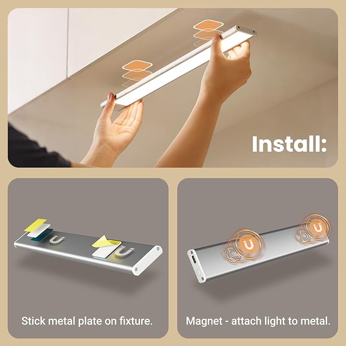 Under Cabinet Lights, Motion Sensor Magnetic LED Light, 8 inch 1000mAh Rechargeable Battery Dimmable Lights with 3 Color Temps, Indoor Wireless Lighting for Kitchen, Closet, Pantry, Counter, 4 Pack
