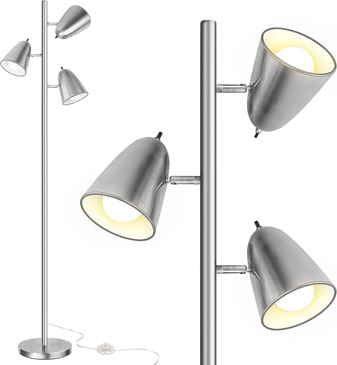 QiMH Tree Floor Lamp with 3 Light Bulbs, Standing Tall Pole Lamps for Living Room Bedroom Office, Reading Stand up Lamps with 3 Adjustable Arms,Brushed Nickel
