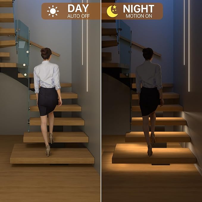 Motion-Activated LED Stair Lighting Kit DE-320, 42" Cuttable Strip Light for Indoor Floating Mono Stringer & Cantilever Stairs (Warm White 3000K,18 Steps)