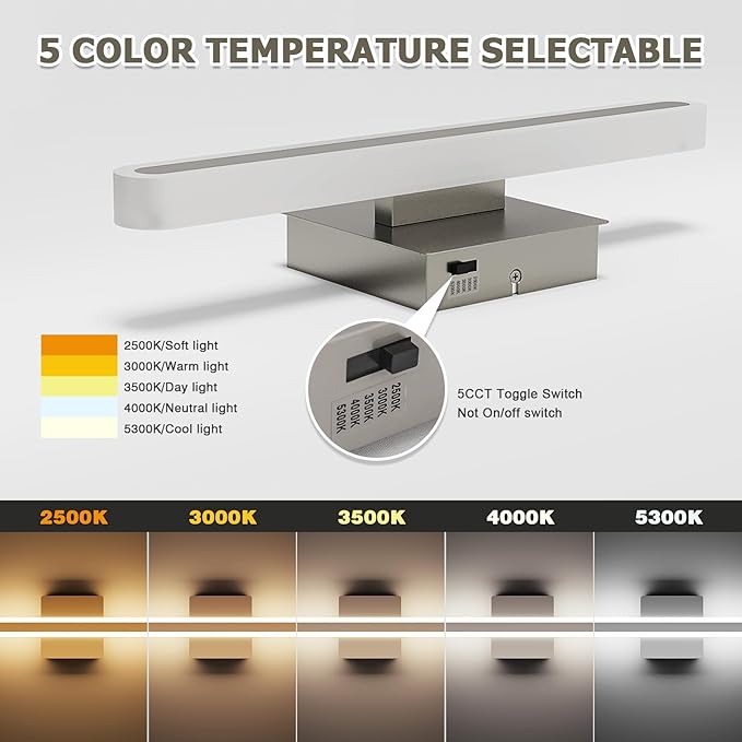 Joosenhouse 15.7 Inch Brushed Nickel Vanity Light for Bathroom – 5CCT Dimmable LED Light Bar, 16W Hardwired Mirror Light, Adjustable Brightness, Modern Bathroom Lighting