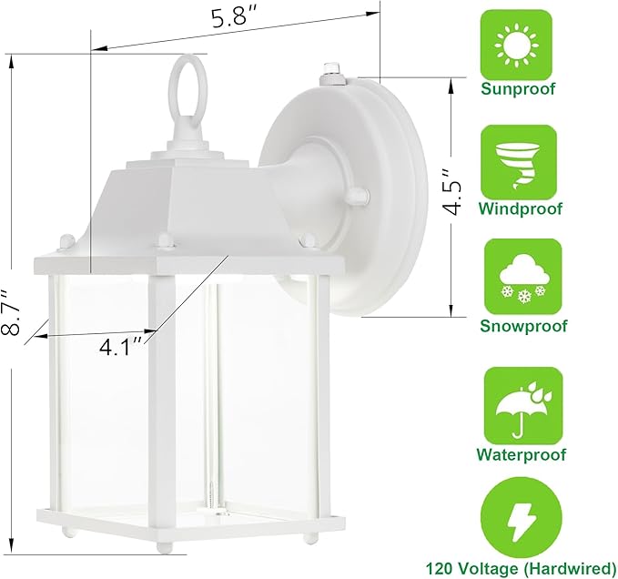 LIT-PaTH Small Outdoor LED Wall Lantern with Dusk to Dawn Photocell, 3000K Warm White, 9.5W, 800 Lumen, Aluminum Housing Plus Glass, Outdoor Rated, 1-Pack, White