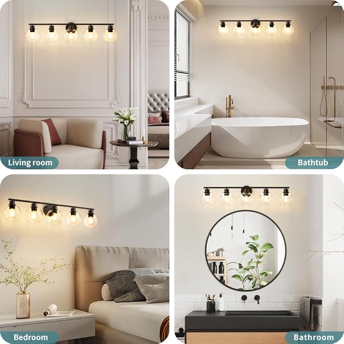 Bathroom Light Fixtures Over Mirror 5-Lights Bathroom Vanity Light with Clear Globe Glass Shade 37.4 inch Modern Black Vanity Light Wall Sconce Vanity Lighting for Bath