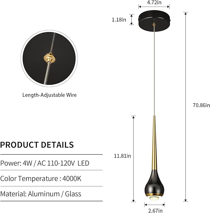 Modern LED Dimmable Pendant Light fixtures,Mini Black Gold Pendant Lighting for Kitchen Island Dinning Room,Bedroom,Bar, Kitchen Island Ceiling Hanging Light Fixtures(1-Pack)