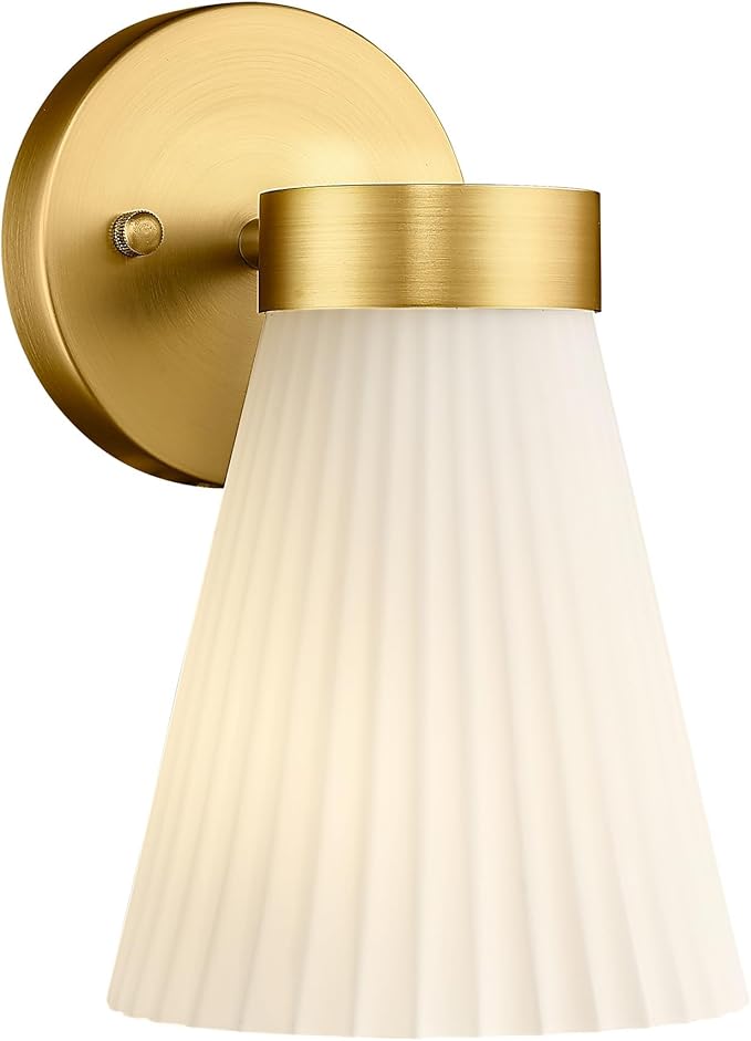 Gold Wall Sconce, HWH Single Wall Light Fixture Brushed Gold Wall Lamp with Frosted Milk White Striped Glass Shade, Modern Indoor Wall Sconce for Kitchen Bedroom Schoolhouse, 5HZG97B BG