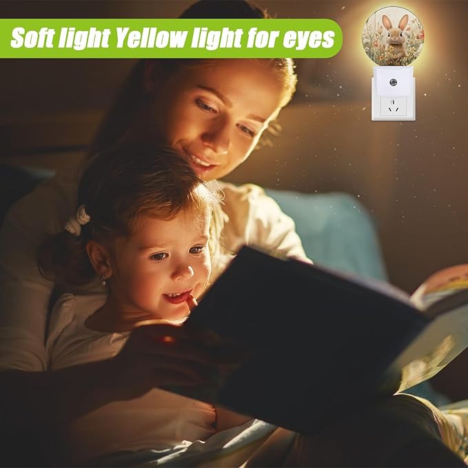 Cute Rabbit Night Light,Spring Wildflowers Plug-in Night Lights with Dusk-to-Dawn Sensor for Bedroom Bathroom and Living Room Sleep Friendly Rabbit