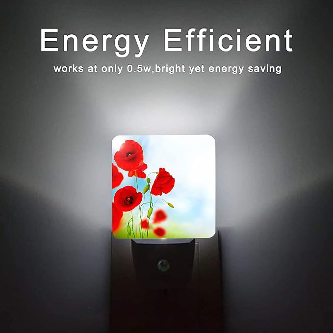 Red Poppy Flower Night Light,Plug into Wall Night Lights 0.5W Sleep Friendly for Boys Girls Led Night Light Dusk to Dawn Sensor Nightlight for Stairway/Hallway/Kitchen