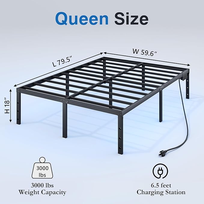 Queen Size Bed Frame with LED Lights & Charging Station - 18 Inch Heavy Duty Metal Platform Bed Frame No Box Spring Needed, Easy Assembly, No Noise