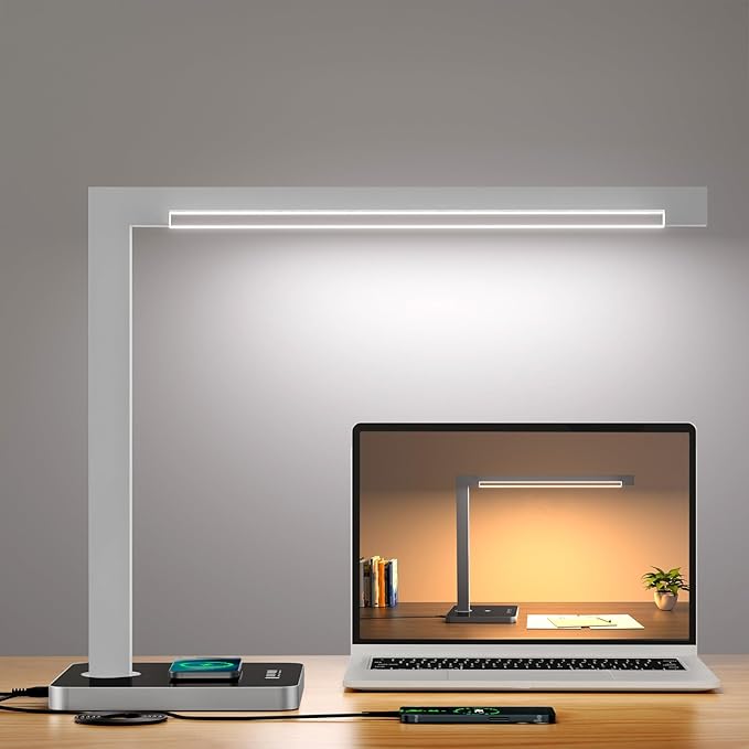 Aluminum LED Desk Lamp with Charging Station, 15W Smart Table Lamp with Type-C Ports & 4 Color Temperature Modes(3000K-6000K), Dimmable Reading Light for Home Office,Bedroom (Includes Adapter)