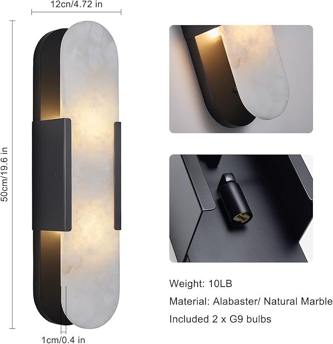 19.7" L Alabaster Wall Sconces Morden Wall Lights Fixtures Bathroom Vanity Light Indoor Wall Lamps for Living Room Bedroom Hallway Stairs Black