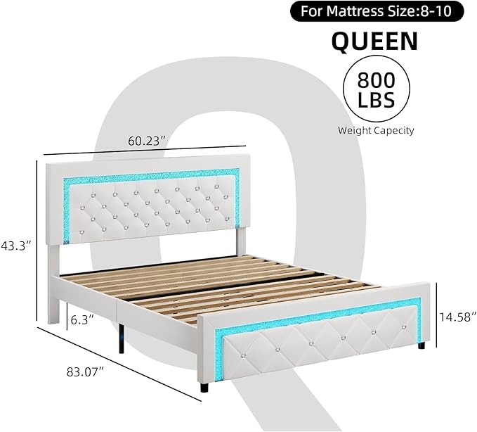 Queen Bed Frame with LED Lights, Upholstered Platform Bed with Diamond Tufted Headboard, No Box Spring Needed, Noise Free, Easy Assembly, White