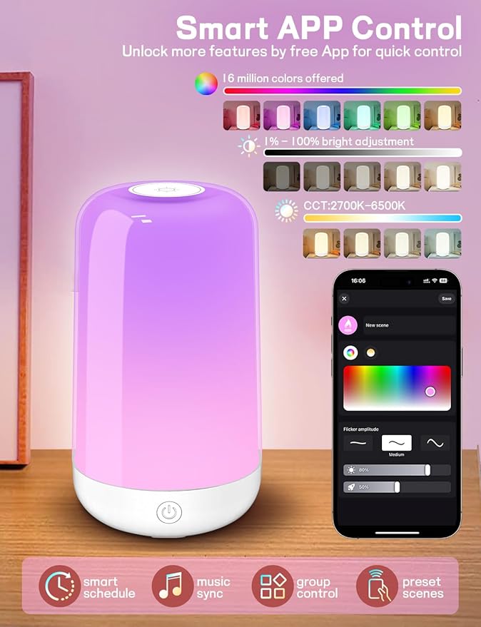 Smart Touch Bedside Table Lamp [Multi-Color & Warm Lights], 3600mA Cordless Small Table Lamp Rechargeable, 7 Colors & Fully Dimmable LED Night Lights for Bedroom Nightstand Nursery Living Room
