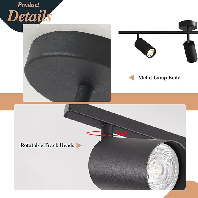 BOKT Modern Matte Black 3 Lights Adjustable LED Track Lighting Kits Industrial 3 Ways Flush Mount Ceiling Spotlights Multi-Spot Ceiling Track Light Fixture