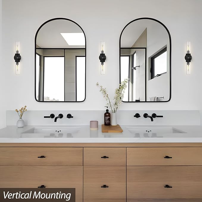 2-Light Black Knurled Wall Sconces, Glass Sconces Wall Lighting Indoor, Bathroom Vanity Light Sconces, Wall Lights for Living Room Bedroom Hallway Kitchen Bathroom Mirror, Including Bulb