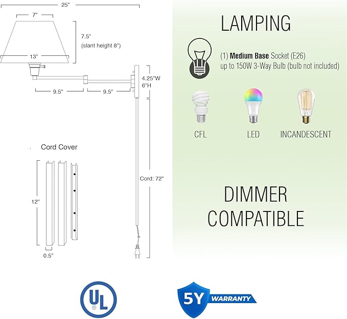 Kira Home Cambridge 15" Swing Arm Wall Lamp - Plug in/Wall Mount + White Fabric Shade, 150W 3-Way + Cord Covers, Satin Nickel Finish
