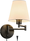VONLUCE Modern Swing Arm Wall Mount Light Plug in, Corded Wall Lamps with White Fabric Shade, Black Metal Adjustable Wall Sconce, Wall Mount Lamp for Bedroom, Living Room, Bedside