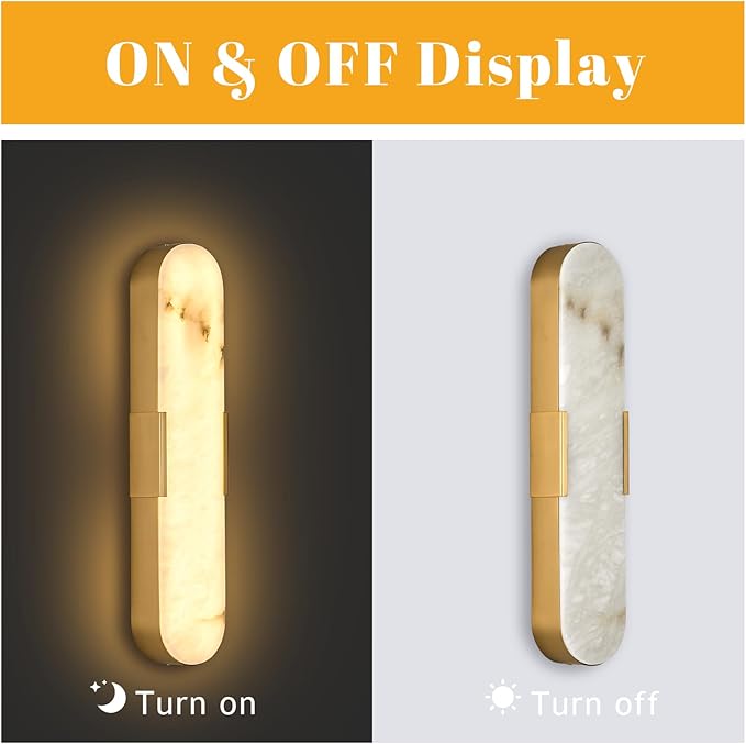 20“Natural Marble Wall Sconces Gold Alabaster Wall Sconce Vintage Bathroom Vanity Black LED Wall Lights 3000K Alabaster Indoor Mid Century Wall Lighting for Bedroom Living Room Hallway