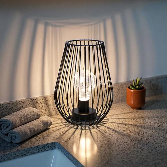 TRIROCKS Metal Cordless Table Lamp - 8'' Tall Cage Shape Battery Operated Lamp with Warm Fairy Lights Bulb for Indoor/Outdoor Use, Perfect for Christmas, Patio, Garden, and Weddings (Black)