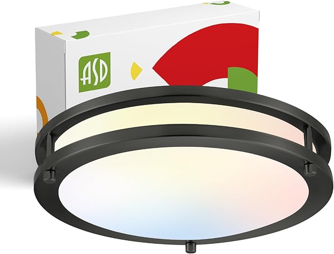 ASD LED 12" Round Flush Mount Lighting, Close to Ceiling Light Fixture | 3CCT, Dimmable, Energy Star, ETL Listed | 20W 1550LM 3000-5000K 120V | Low Profile Double Ring Lamp | Black