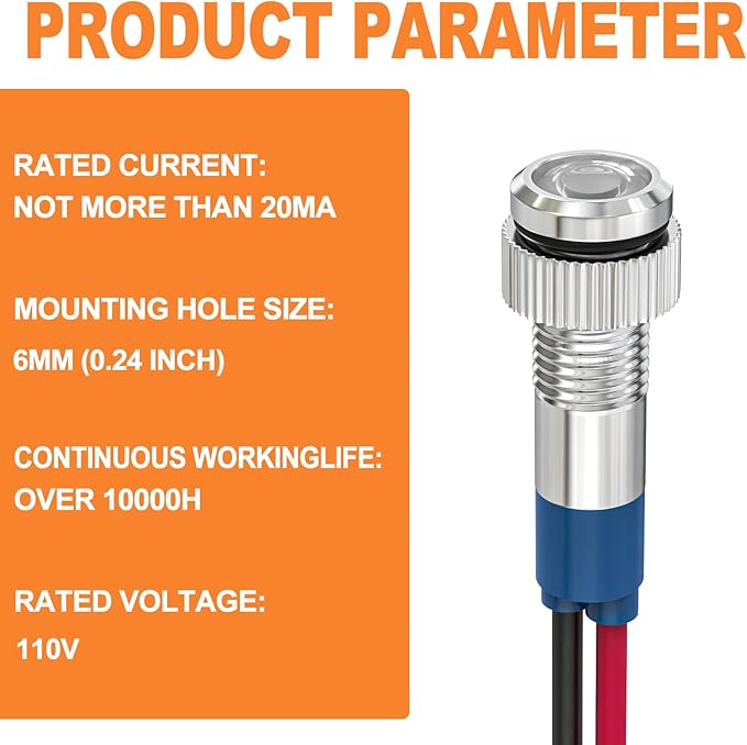 GASHER 5 PCS Energy Saving Indicator Light, LED Light 12V/24V/110V 20mA Panel Mount Light, Mounting Hole Size 6mm White LED (110V)