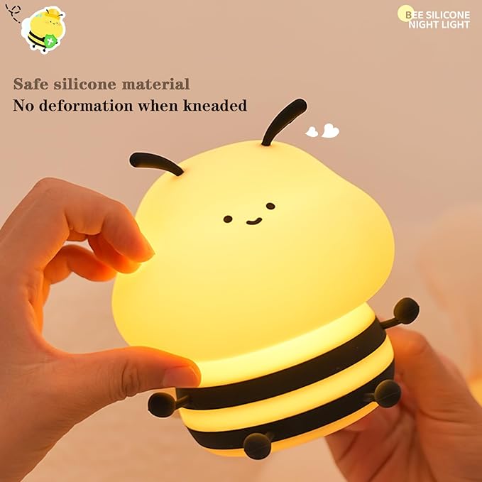 Cute Bee Kids Night Light, LED Squishy Night Lamp, Dimmable Nursery Nightlight for Kids, Rechargeable Timer Touch Lamp, Dorm Decor, Funny Gifts (Bee)