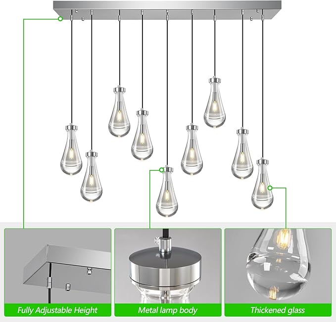 Modern Raindrop Pendant Lights Kitchen Island Teardrop Chrome Hanging Light Fixture Clear Solid Glass Chandeliers Crystal Pendant Light for Porch Living Room Dining Room(Long Plate-9 Lights)