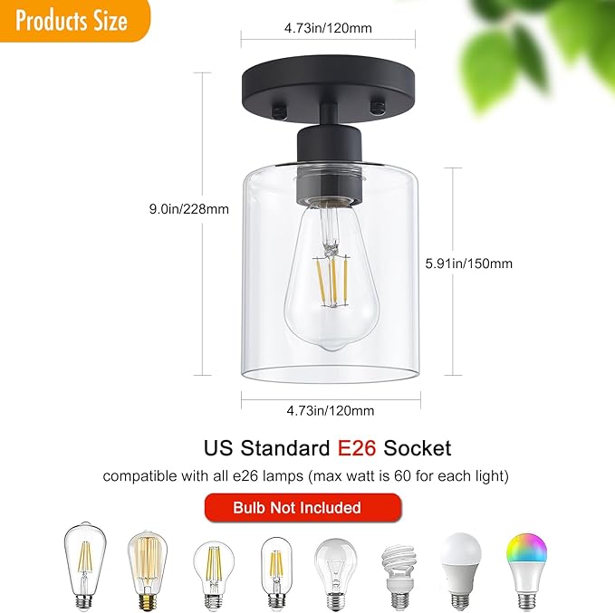 1 Light Semi Flush Mount Ceiling Light Black Kitchen Lighting Fixtures Ceiling Light Fixtures Small Hallway Lights with Clear Glass Shade for Bedroom Set of 2