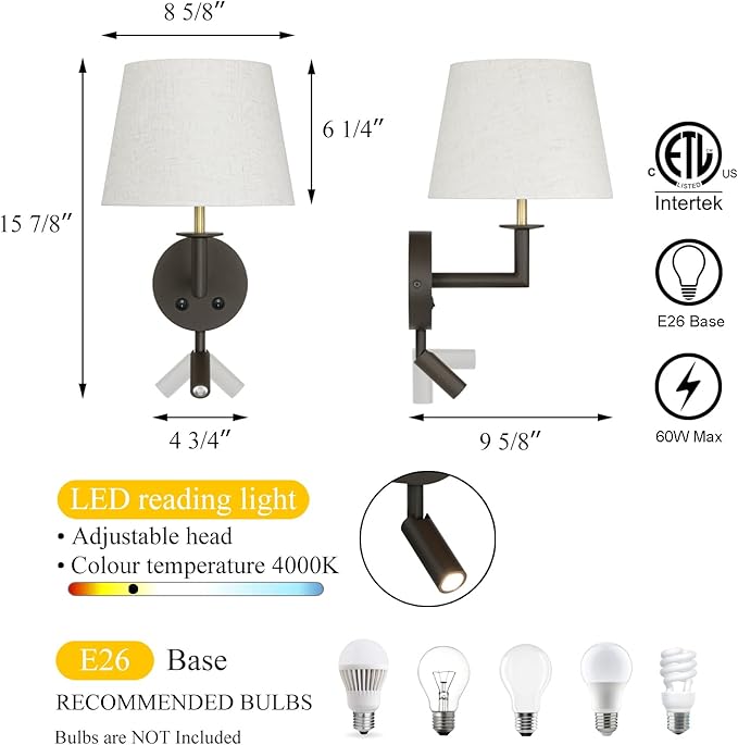 XiNBEi Lighting Bedroom Wall Sconce, Classic Headboard Hardwired Wall Light with LED Integrated Reading Light in Dark Bronze for Bedroom Entry Living Room XB-W490-LED-DBS