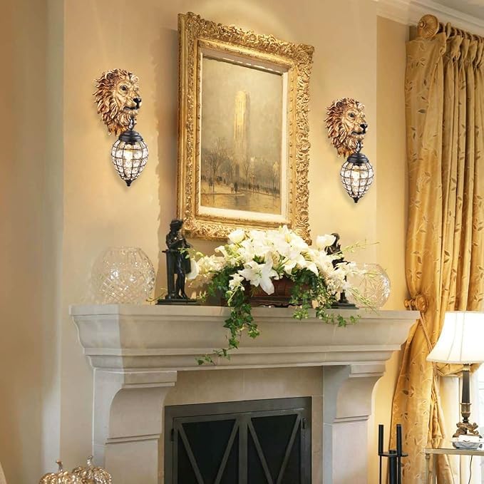 Wall Sconces Set of Two, Vintage Gold Wall Lights Resin Lion Head Design with Crystal Beaded Shade, Animal Decor Wall Lamp Farmhouse Black Sconce Wall Lighting for Living Room Hallway Stairway