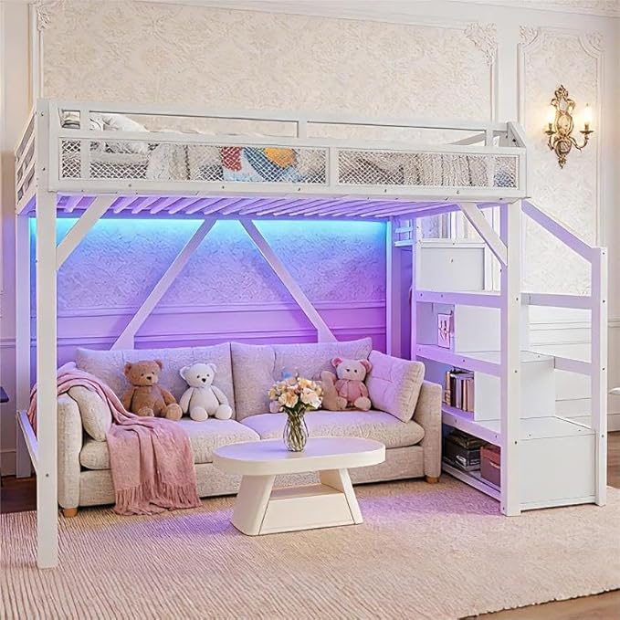 Bellemave Queen Loft Bed Frame with Storage Stairs, Beside Shelf & Wardrobe, Metal Queen Size Loft Bed with USB Ports&LED Light, Large Under-Bed Space Loft Beds for Adults,Teens, Kids, White
