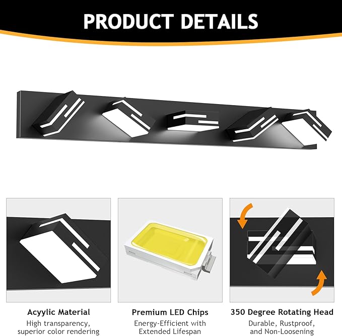 LED Modern Bathroom Vanity Light Fixtures 5-Light 5CCT Dimmable Matte Black Vanity Lights for Bathroom Lighting Fixtures Over Mirror, with 350° Rotatable Acrylic Heads, 34-inch