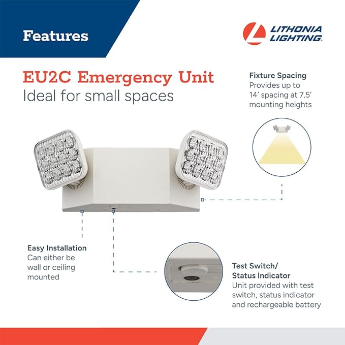 Lithonia Lighting Basics LED Emergency Light, Emergency Lighting with Dual Adjustable LED Lamp Heads, Wall Mount, Damp Location Rated, 90-Minute Backup, 120/277V, White (EU2C M6)