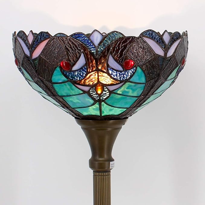 WERFACTORY Tiffany Floor Lamp Green Liaison Stained Glass Light 12X12X71 Inches Pole Torchiere Standing Corner Torch Uplight Decor Bedroom Living Room Home Office S160G Series