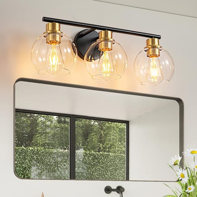 3-Light Black and Gold Bathroom Vanity Light Fixture with Glass Shades, Industrial Wall Sconce