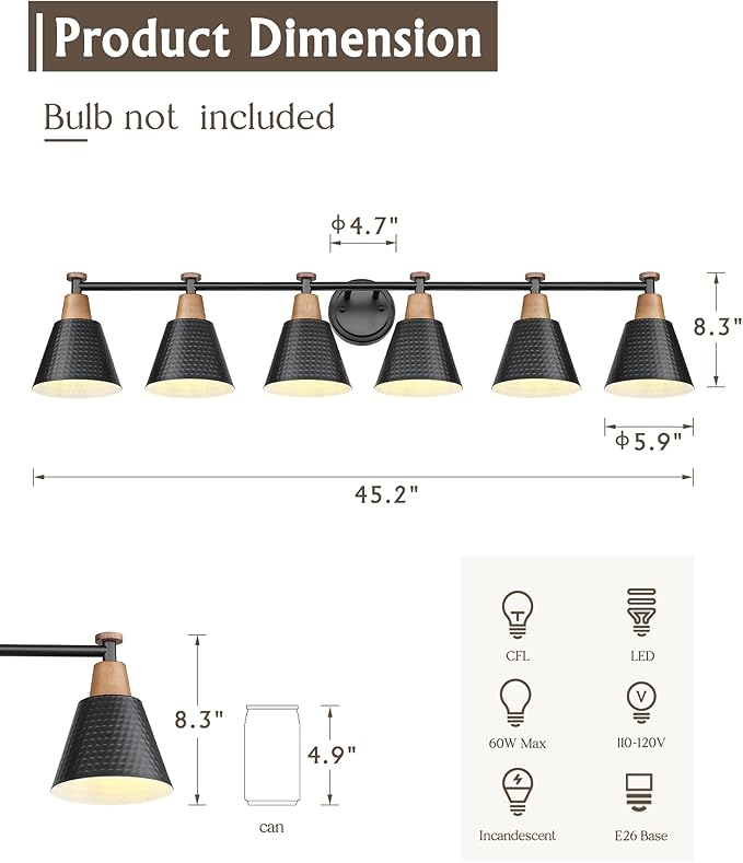 FEMILA Black 6 Light Bathroom Vanity Light, Vintage Bathroom Light Fixtures Over Mirror, E26 Base, 4FG59B-6W BK