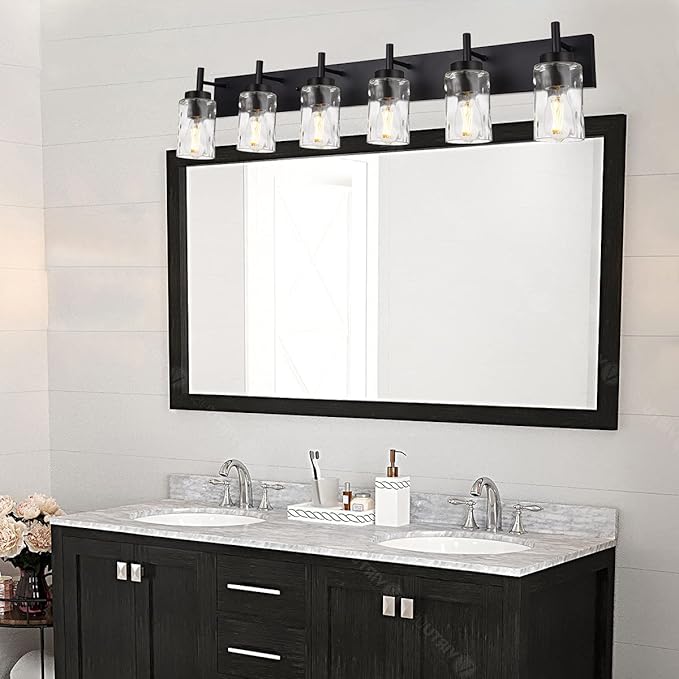BONLICHT Transitional Bath Vanity Light Fixture 6 Light Black Wall Sconce Bathroom Lighting with Clear Hammered Glass, Industrial Farmhouse Metal Wall Mount Light for Kitchen Living Room Dining Room