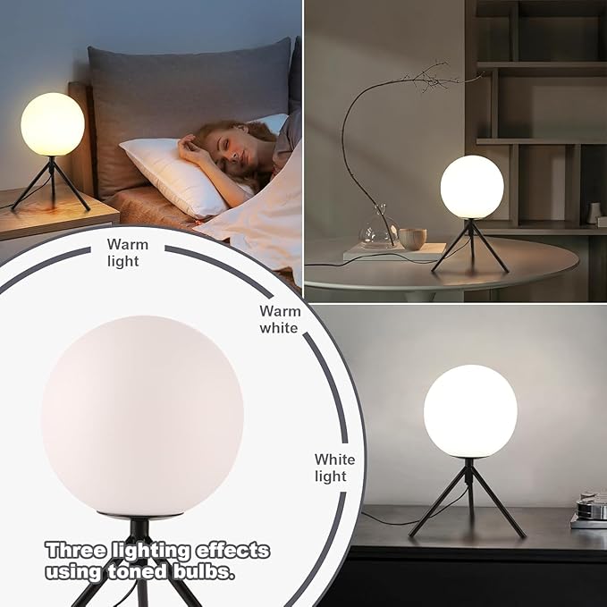 Black Globe Table Lamp Set of 2, Modern Minimalist Table Lamp with Milky White Shade, 8" Glass Ball Bedside Lamp Orb Nightstand Lamp Small Desk Lamps for Bedroom Living Room Home Office Study